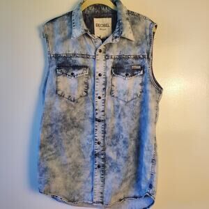 Decibel Mens Denim Acid Wash Sleeveless Shirt Black Snap Front Studded Size XL